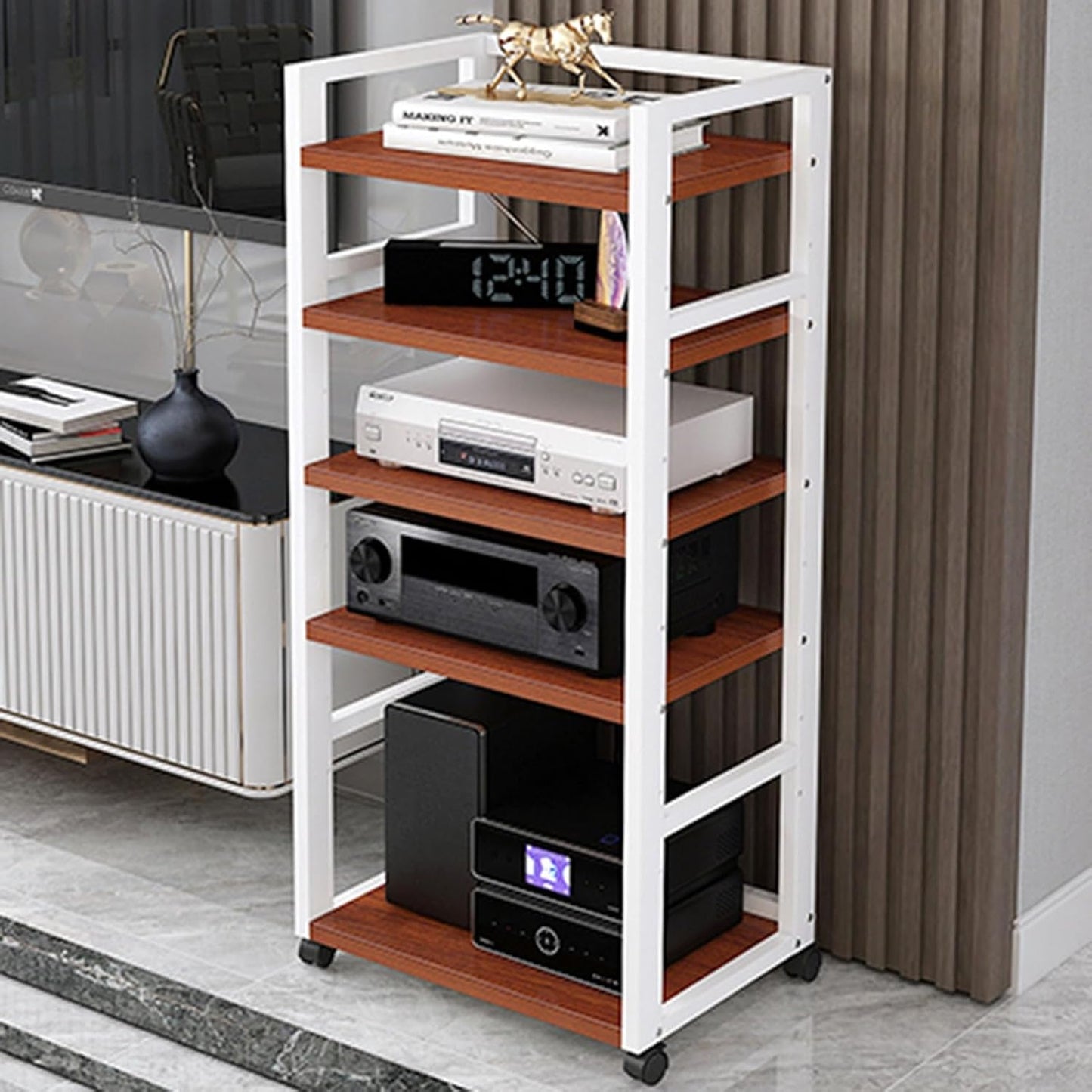 5-Tier Movable Audio/Video Media Stand Center CD Player Stand Stereo Component Storage Cabinet Audio Tower with Height Adjustable Wooden Shelf for Home/Office/Theater,A