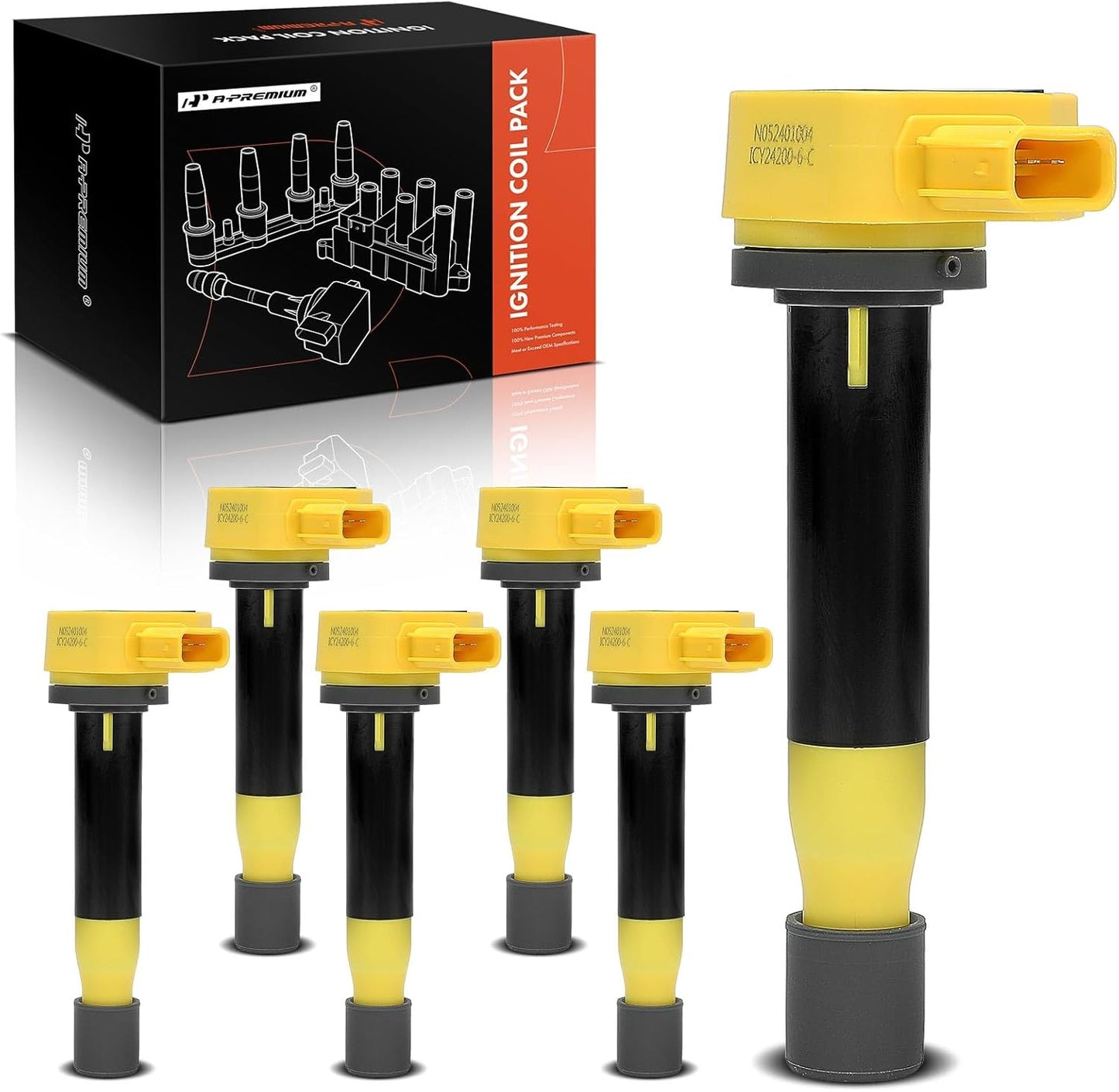 A-Premium (Yellow) Engine Ignition Coil Pack Compatible with Honda Accord 2000-2003, Odyssey 1999-2010 & Acura TL 1999-2008, RL 2005-2008, CL 2001-2003, 3.0L 3.2L 3.5L, Replace# 30520RCAA01, 6-PC Set
