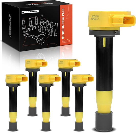 A-Premium (Yellow) Engine Ignition Coil Pack Compatible with Honda Accord 2000-2003, Odyssey 1999-2010 & Acura TL 1999-2008, RL 2005-2008, CL 2001-2003, 3.0L 3.2L 3.5L, Replace# 30520RCAA01, 6-PC Set