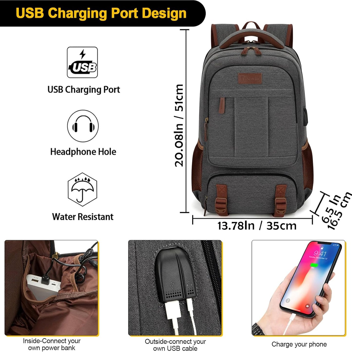 Tzowla Canvas Laptop Backpack, Bag for Men Women,Travel Work Rucksack Fits 17.3 Inch Laptop, Bookbag with USB Charging Port
