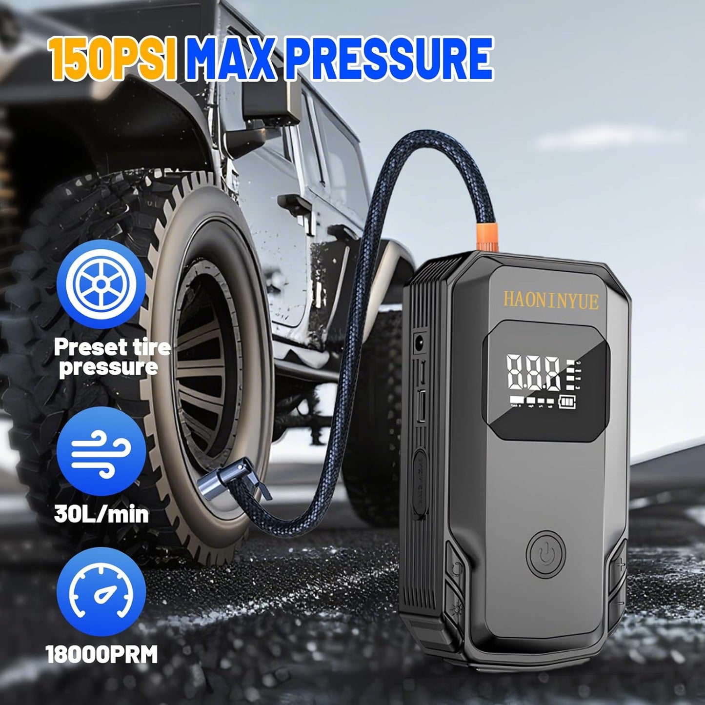 3000A 150PSI Jump Starter with Air Compressor, 12V Portable Jump Box (8.5L Gas/6.5L Diesel), Jump Pack with LED Light, Power bank, Battery jumper starter portable, Storage Case Included