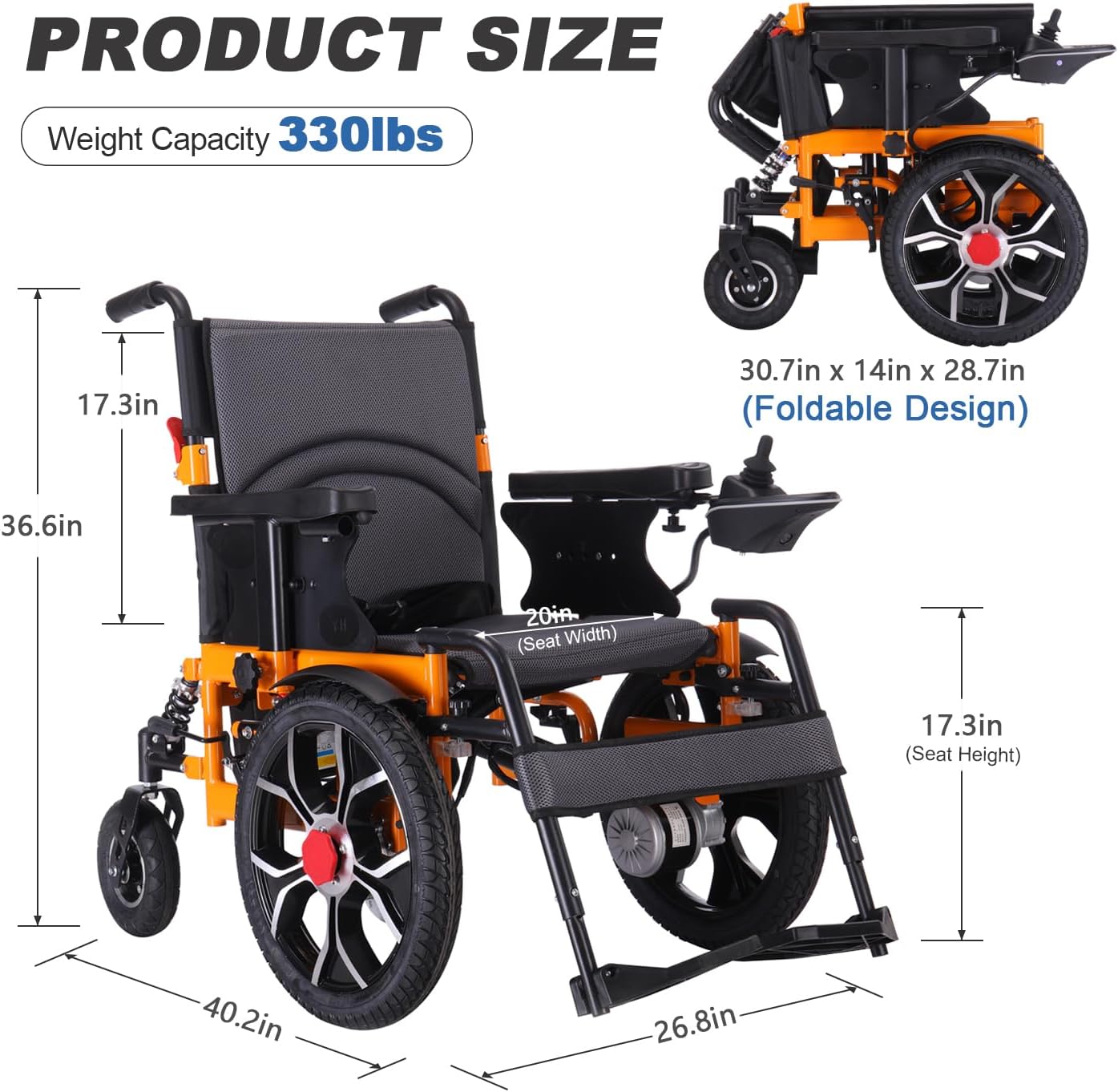 16" Big Front Wheel Electric Wheelchair Foldable All Terrain, Dual Brakes, 20” Seat Width Motorized Wheelchair, Electric Wheelchairs for Adults 330lb, Backpack, Led Light and Rear Control Included