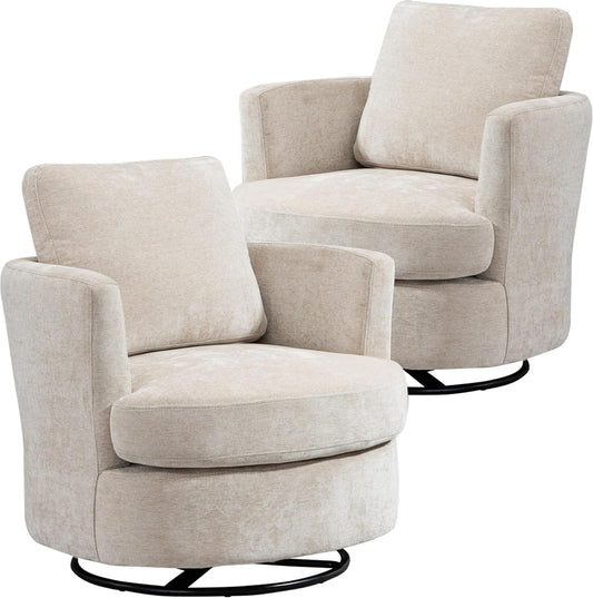 Aoiy & Wifon 31.9" W Swivel Accent Chair, 360 Degree Modern Living Room Chair, Swivel Barrel Chairs for Living Room/Bedroom, Chenille,Beige, 2PACK
