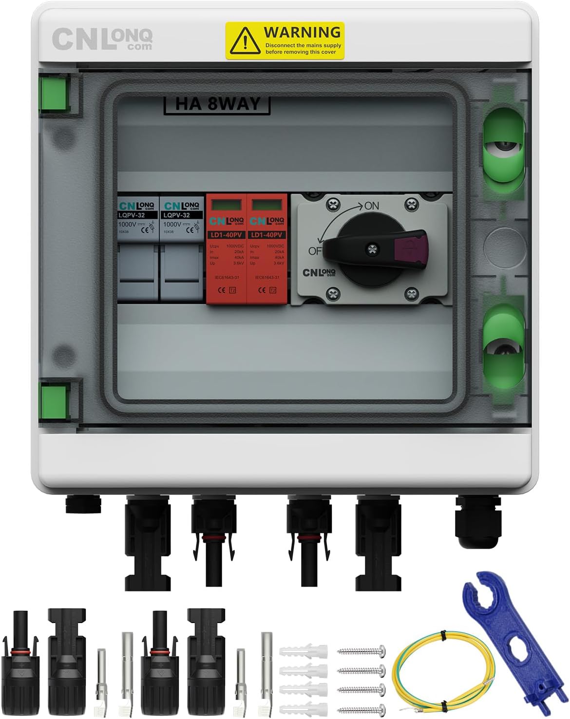 2 String Solar PV Combiner Box 2 in 2 Out IP65 DC500V 32A Circuit Breaker with Surge Protector and 15A PV Fuse,Solar Disconnect Switch Outdoor Waterproof for Solar Panels System