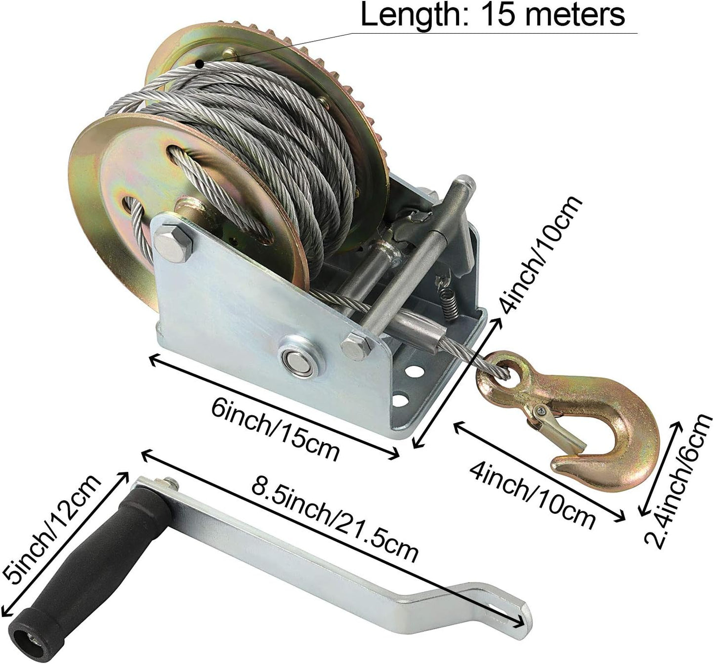 ZOENHOU 1600lbs Capacity Heavy Duty Hand Winch with 49FT / 15m Steel Cable, Hand Crank Winch, Boat Trailer Winch Manual Winch with Hook and Gear Grease, for Pulling Boat Trailer Truck
