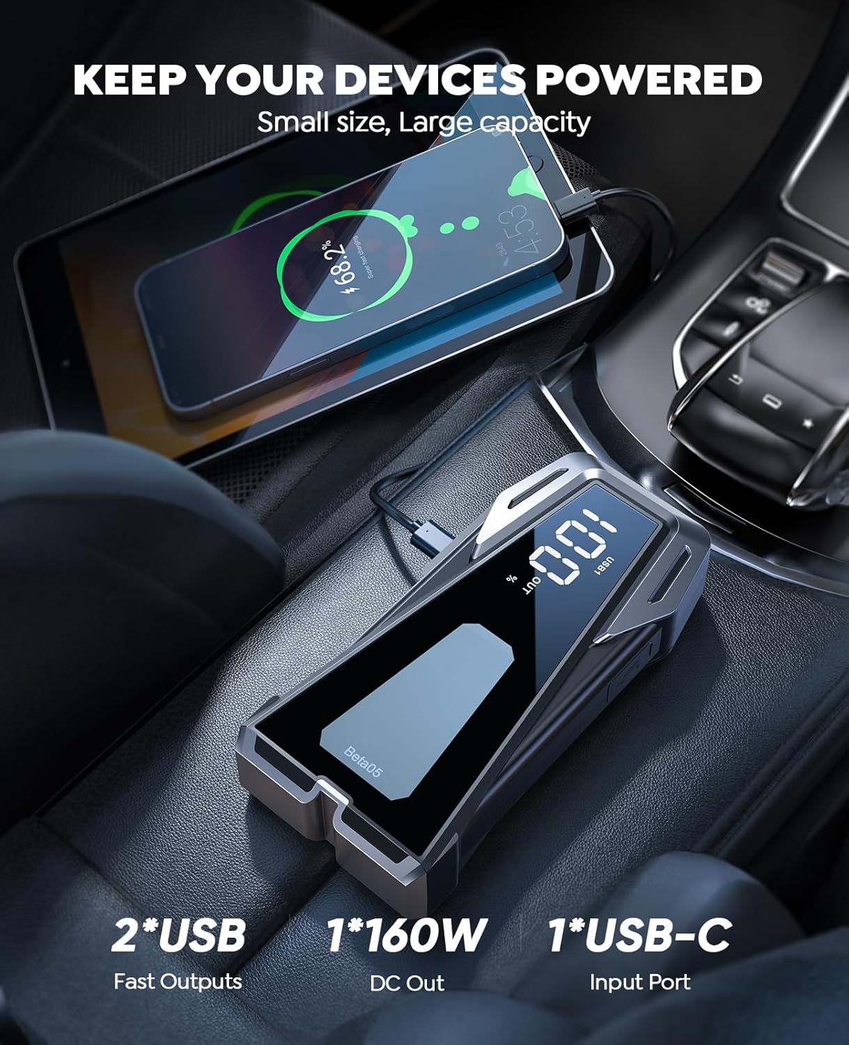 Car Battery Jump Starter 5000A 12V Safe Jump Box, Battery Jumper Starter Portable (All Gas/10.0L Diesel), Car Jump Starter Battery Pack with Extended Jumper Cables, Fast Charge, Lights