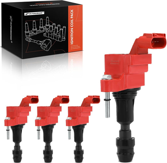 A-Premium (Red) Engine Ignition Coil Pack Compatible with Chevrolet Equinox, Malibu, Captiva Sport, HHR, Cobalt & GMC Terrain & Buick LaCrosse, Verano, Regal & Saab 9-5 & Fisker & Pontiac, 4-PC Set