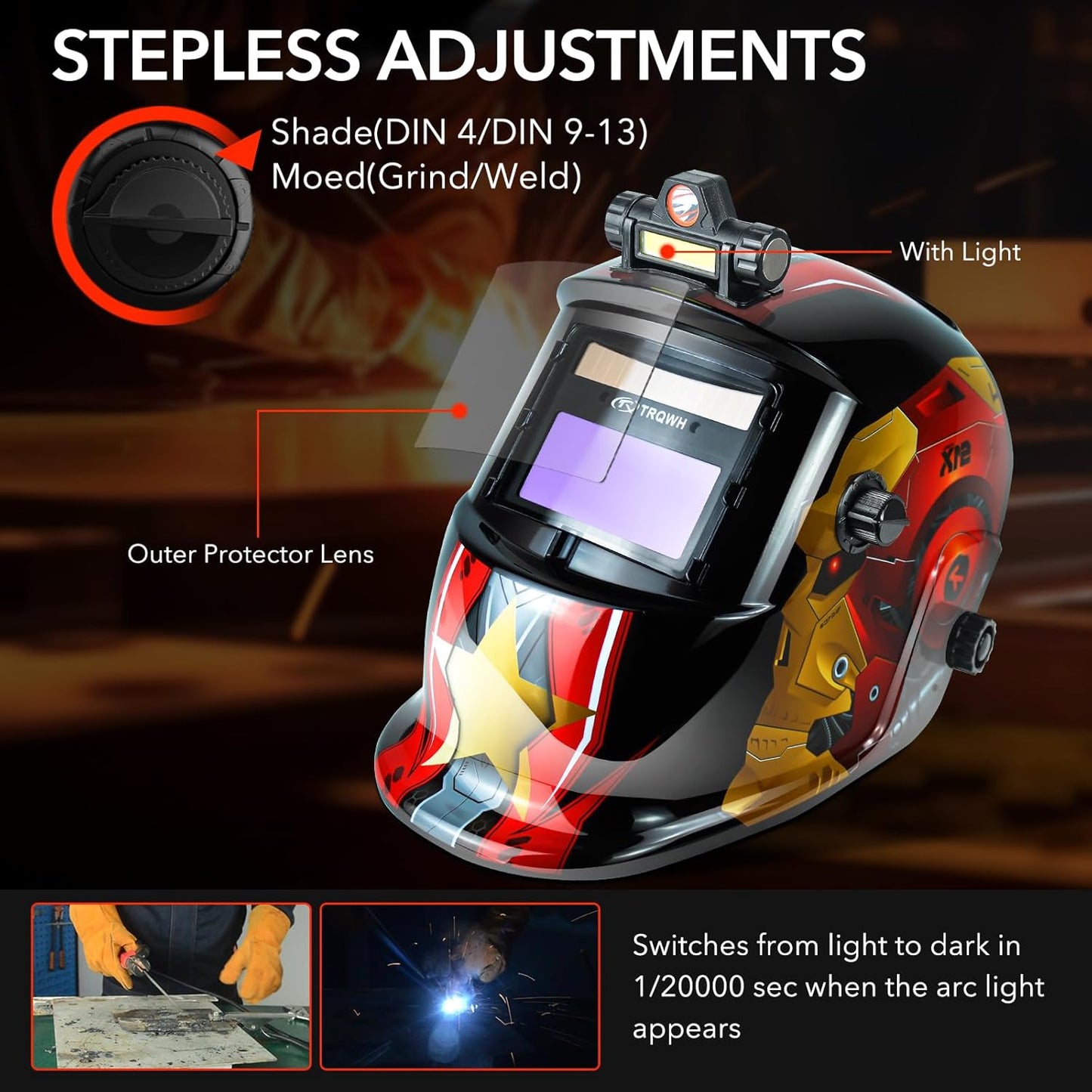 Welding Hood Auto Darkening Welding Helmet with Light True Color 1/1/1/2 Top Optical Clarity Wide Shade 9-13 Welding Mask with Grinding Weld Helmet (KTS-HD94)
