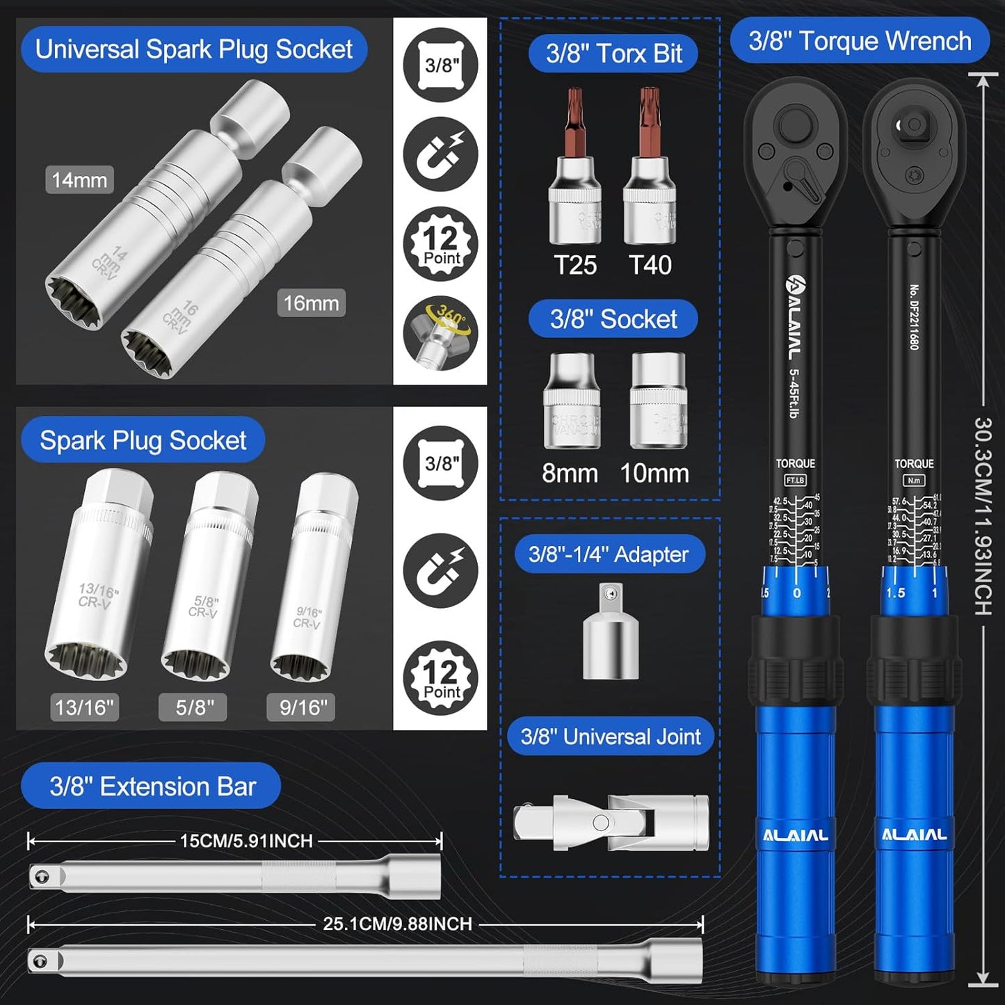 3/8 Inch Drive Magnetic Spark Plug Socket Set with Click Torque Wrench 5-45FT.LB/6.8-61Nm, 14PCS Swivel Spark Plug Socket, Universal Joint, Extension Bar, CR-V Steel for Easy Spark Plug Removal