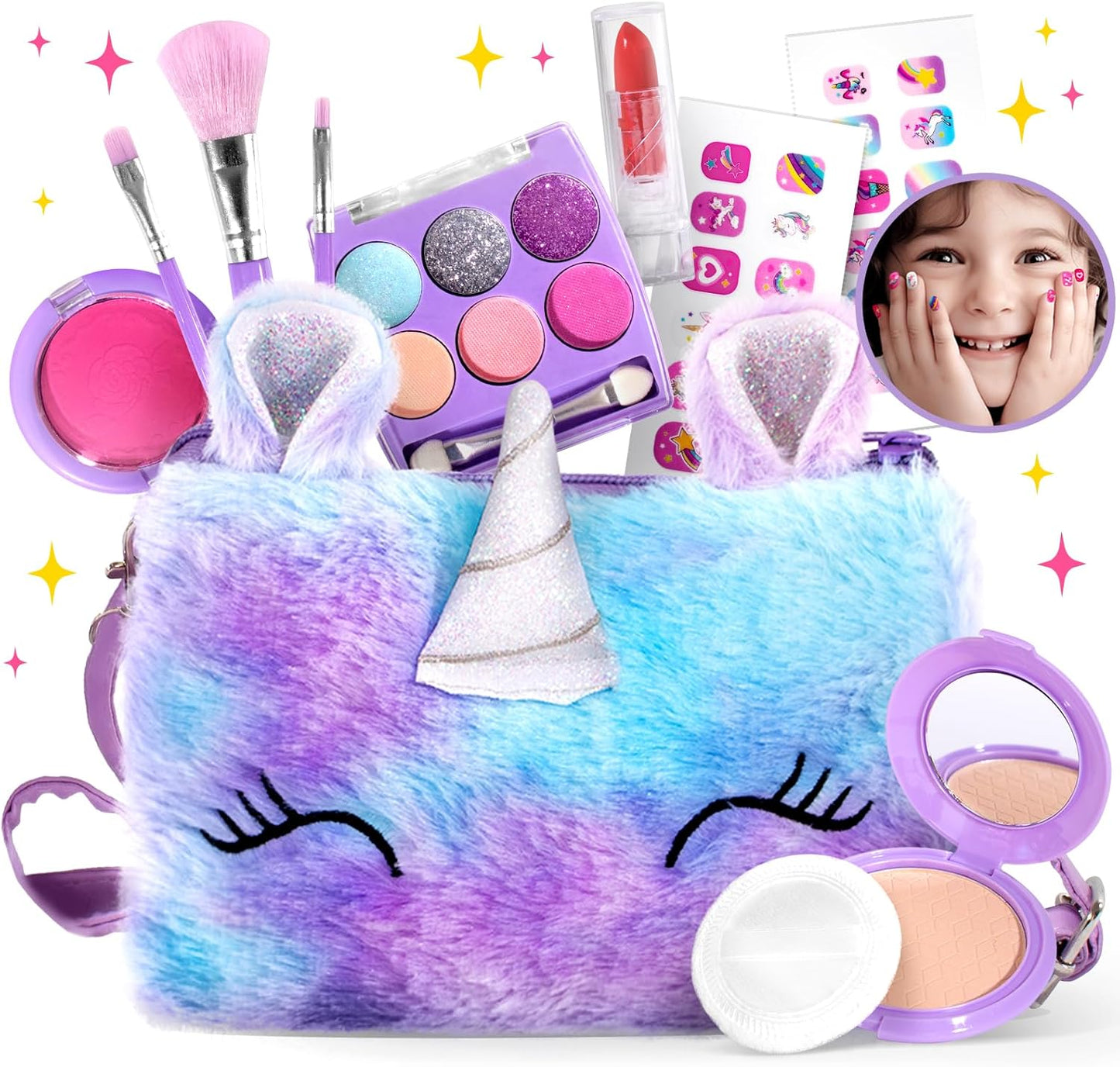 ULOVEME Kids Real Makeup Kit for Girls with Fluffy Purse - Real, Non Toxic, Washable Make Up Toy - Umicorn Toys Gift for 3 4 5 6 7 8 Years Old Girls Birthday (Pink Umicorn)