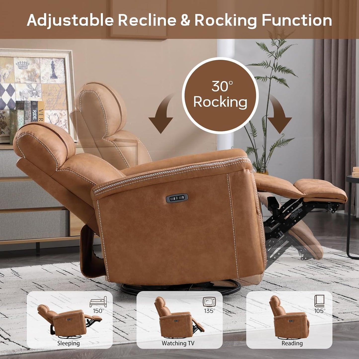CANMOV Faux Leather Power Swivel Rocker Recliner,Glider Recliner for Nursery,Electric Swivel Rocker with USB Port,Upholstered Nursery Glider Reclining Sofa for Living Room,Brown