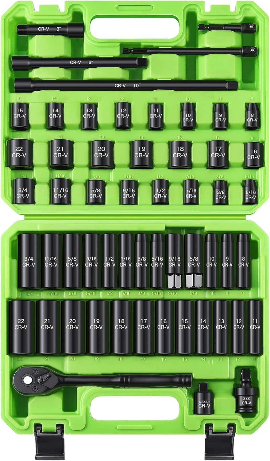 56-Piece 3/8" Drive Socket Set, SAE (5/16"-3/4") & Metric (8mm-22mm), Deep & Shallow, Ratchet Handle, Extension Bars, Adapter, Universal Joint, Power Drill Adapters, Spark Plug Sockets, CR-V