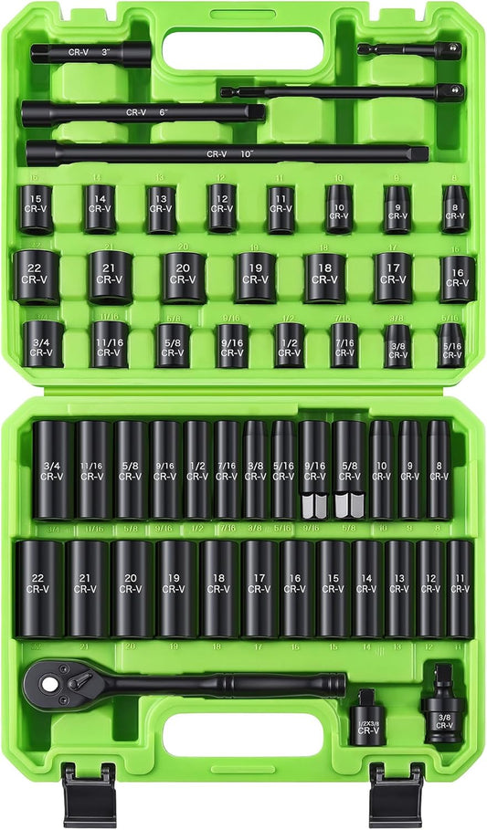 56-Piece 3/8" Drive Socket Set, SAE (5/16"-3/4") & Metric (8mm-22mm), Deep & Shallow, Ratchet Handle, Extension Bars, Adapter, Universal Joint, Power Drill Adapters, Spark Plug Sockets, CR-V
