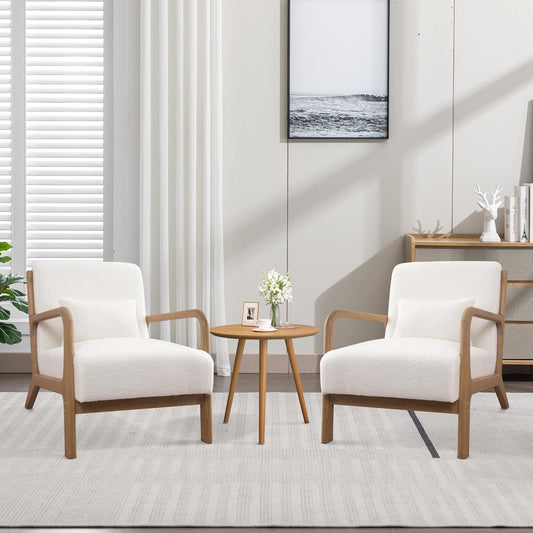 ANJ Modern Arm Chairs Set of 2, Mid-Century Modern Accent Chair Upholstered Lounge Chair with Pillow and Solid Wood Frame, Comfy Lambswool Chairs for Living Room