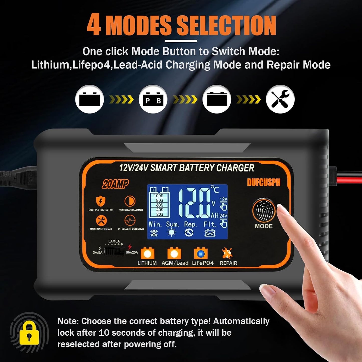 20 Amp Smart Battery Charger for Lifepo4 Lithium AGM Gel Batteries - 12V/20A and 24V/10A Trickle Charger, Maintainer for Boat, Motorcycle, Lawn Mower, Golf Cart