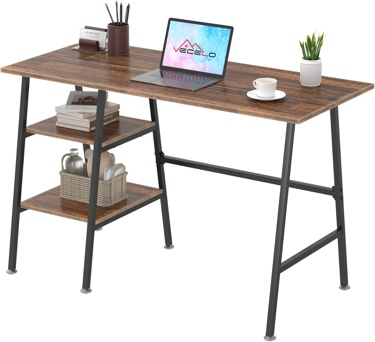 VECELO 43.1 Inch Computer Desk Home Office Black Study Desk Work Office Table with Shelves Wooden Desk for Bedroom