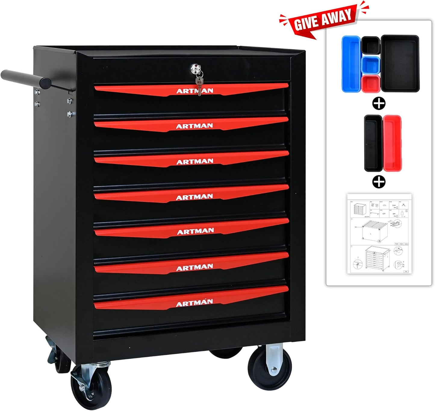 Rolling Tool Box with Wheels, Mechanics Tool Chest with 7 Drawers, Tool Box Organizer with 7 Tool Storage Boxes, Lockable Tool Storage Cabinet for Home Garage Workshop Warehouse Repair Shop, Black