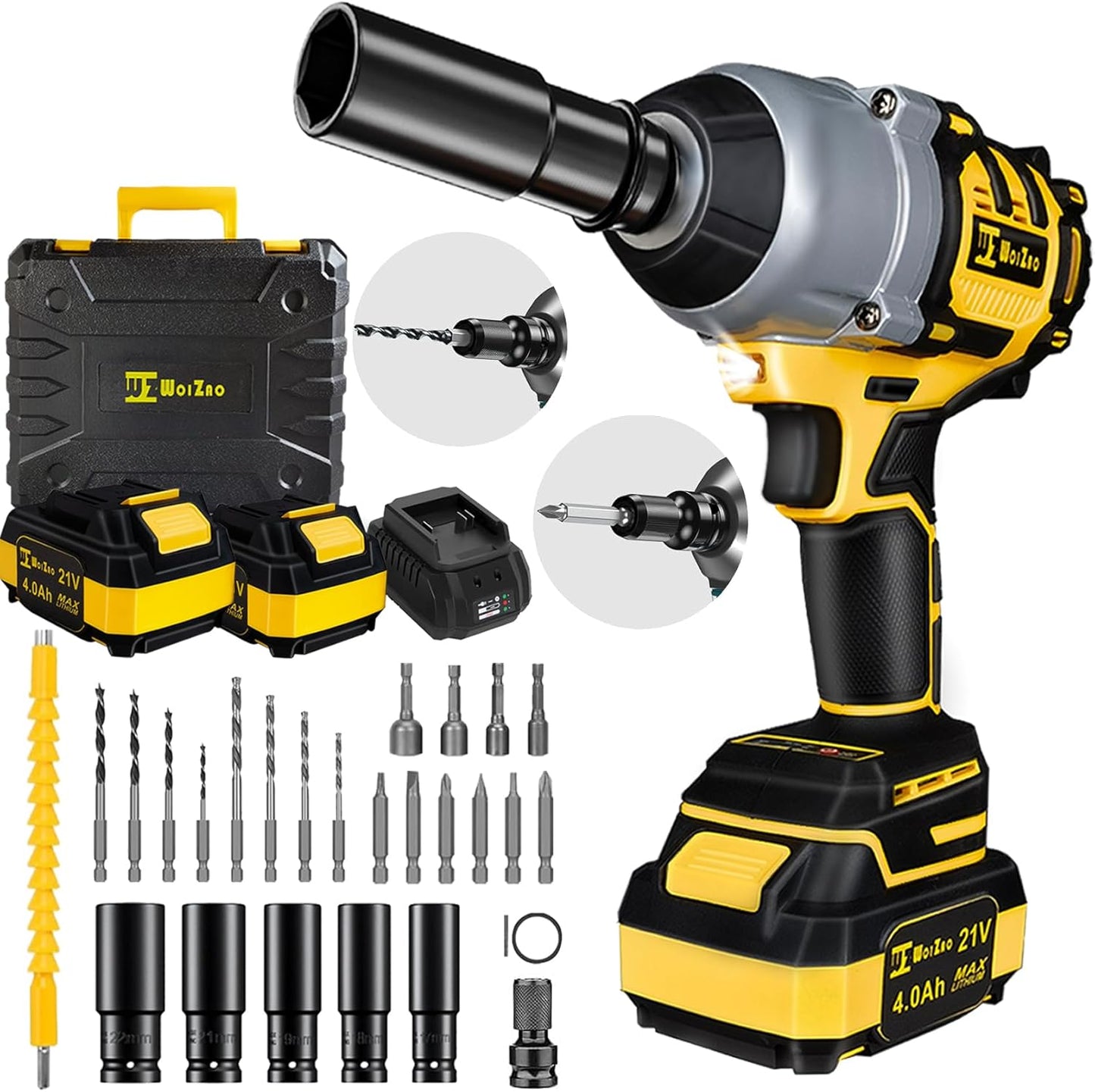 1/2 inch Cordless Impact Wrench,650Ft-lbs (800N.m) Brushless Power Impact Driver,3000RPM High Torque Impact Gun,2x 4.0 Battery, 5 Sockets,8 Drill,6 Screws for Home Car Tires Truck Mower