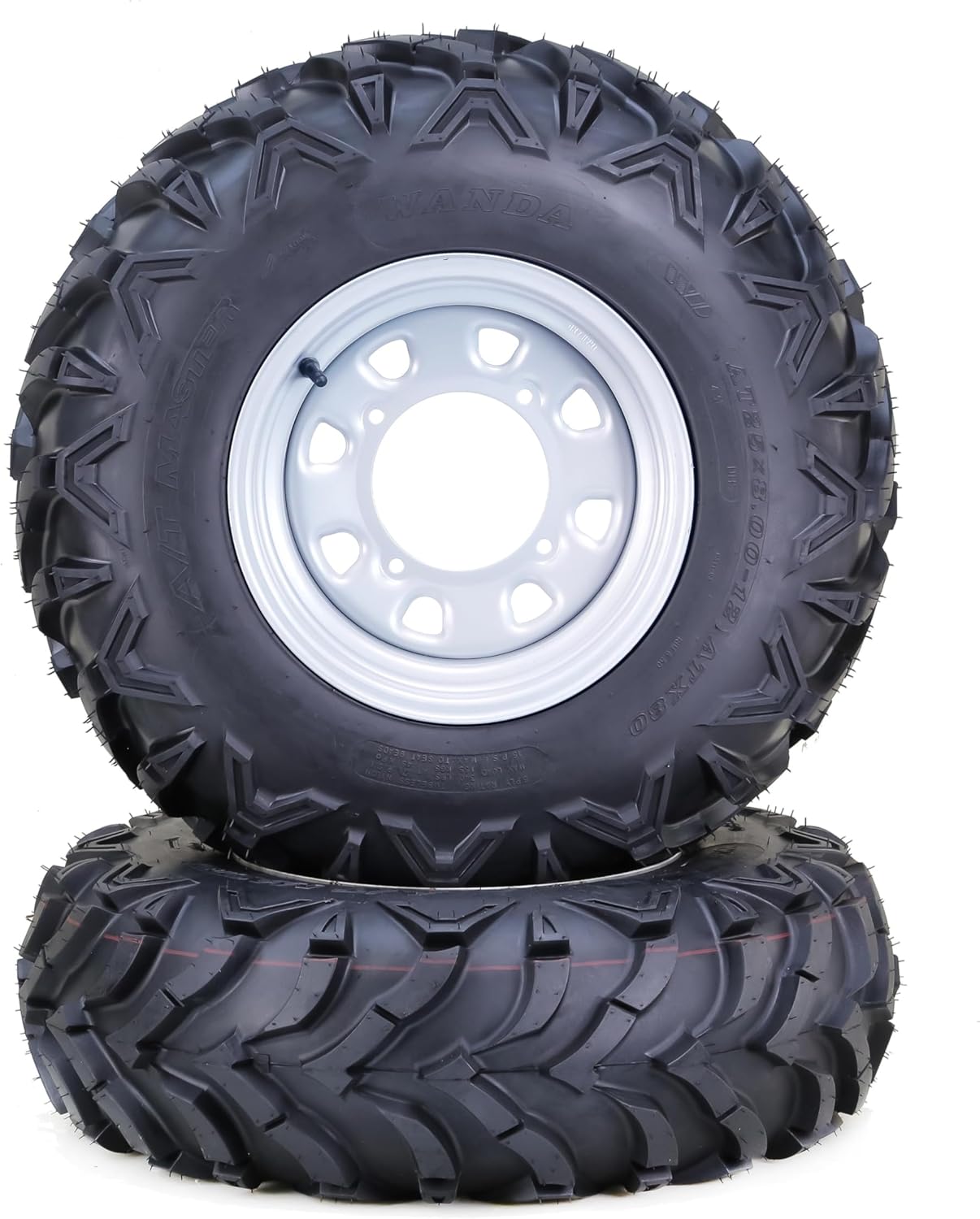 WANDA 25x8-12 Solid Mud ATV Tires and Wheels Assembly with 4-110 PCD 5+2 Silver Rims, SET 2