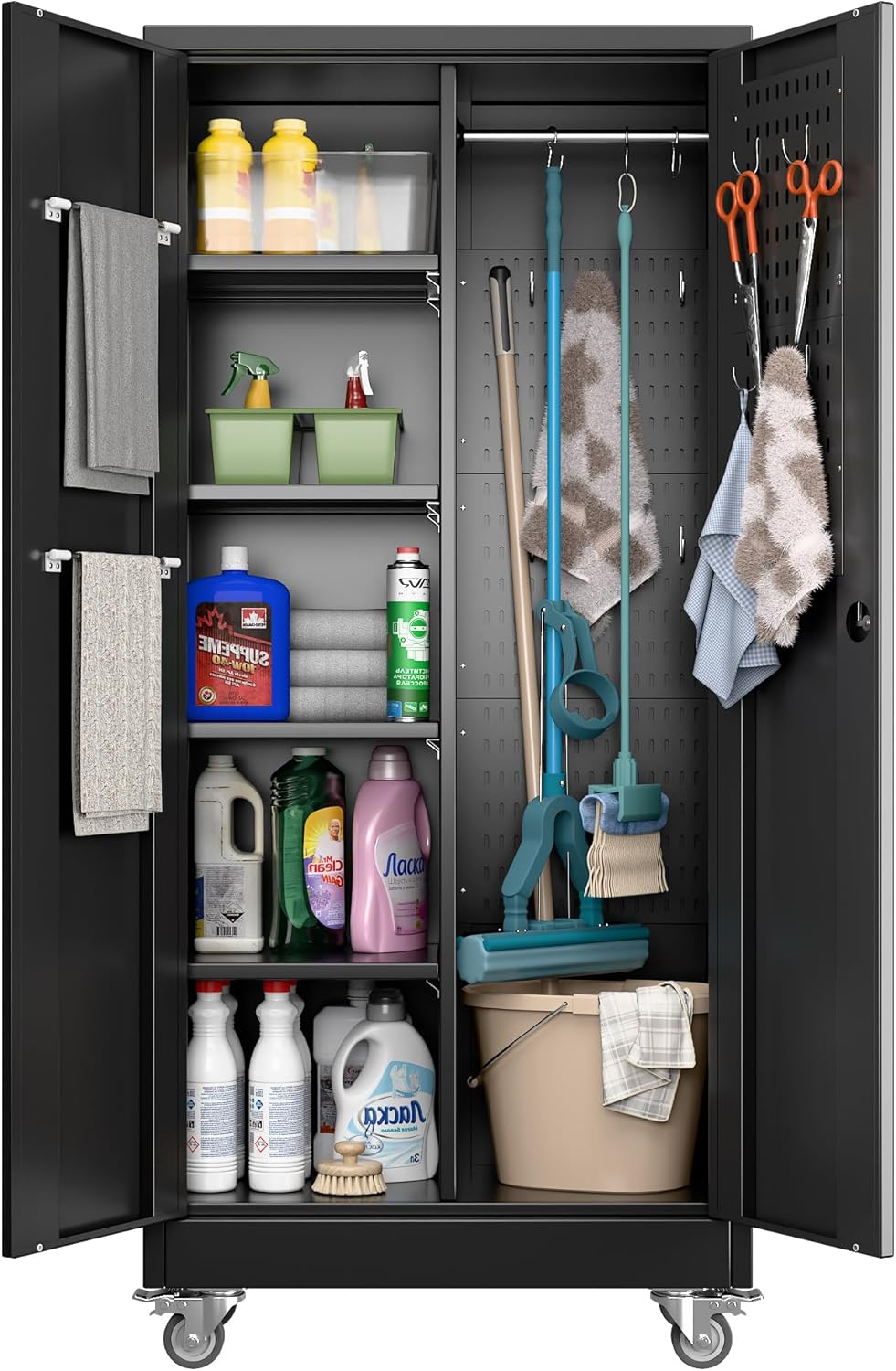 71" H Broom Storage Cabinet with Wheels and Doors,Rolling Tool Cabinet with Pegboard,Shelves and Rod for Garage Warehouse Home,Required Assembly,Black