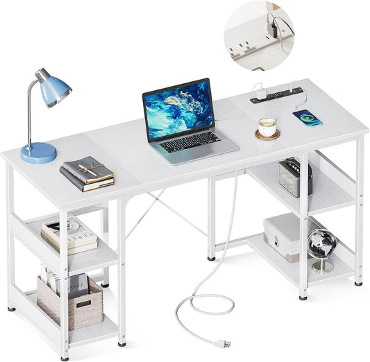AODK 48 Inch Small Computer Desk with Power Outlets & USB Charging Port, Home Table with Storage Shelves, Student Laptop PC Desks for Small Spaces Home Office Writing Desk, Kids Desk, White