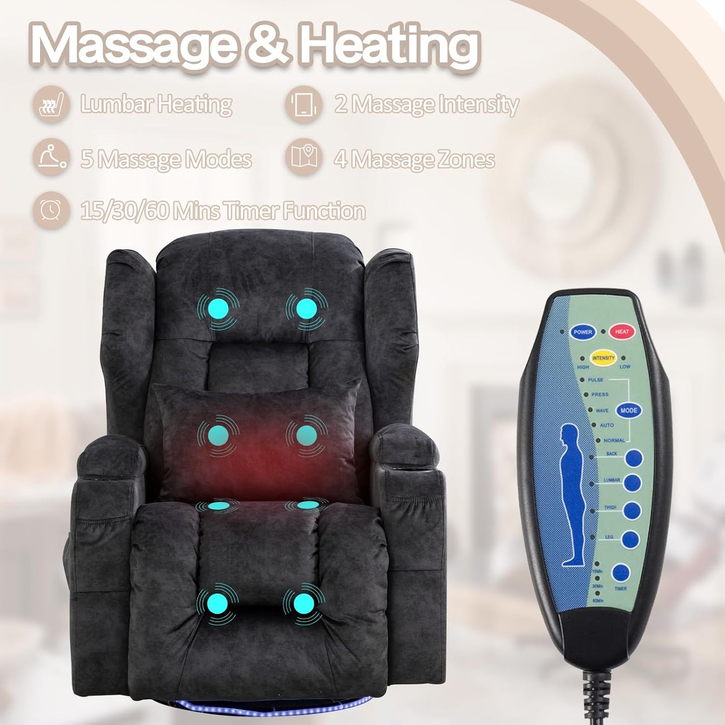 SENIFIS Velvet Grey Modern Swivel Glider Recliner Chair, 270 Rotation & 30 Rocking, Power Reclining, Massage & Heat, USB, LED Light, Cup Holder, Lumbar Pillow, Adult Living Room Chair