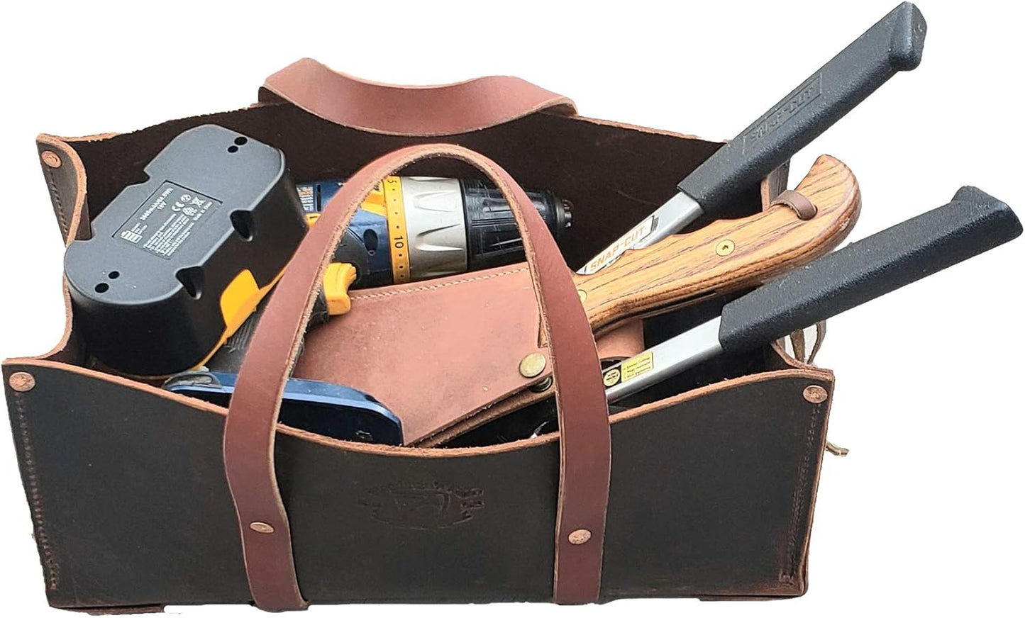 Woodman's Pal Buffalo Leather Tote Tool Bag For Hand Tools, Gardening, Outdoorsmen, Heavy Duty Premium Storage Leather Organizer (Golden Brown)