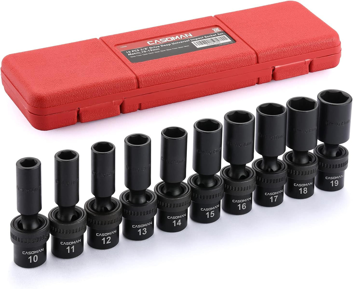 CASOMAN 10 PCS 1/2" Drive Deep Universal Impact Socket Set, Metric,10-19mm