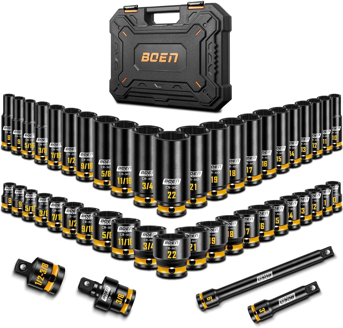boen 3/8" Drive Impact Socket Set, 48-Piece Metric & SAE Size (8-22mm & 5/16"-3/4"), 6-Point Deep & Shallow Socket Set with Extension Bars, Adapter and Universal Joint, CR-MO Steel