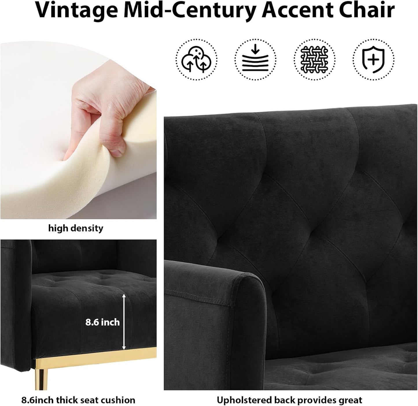 Black Velvet Accent Chairs Set of 2, Comfy Button Tufted Armchair, Upholstered Arm Chair Single Sofa Reading Chairs with Arms and Gold Metal Leg for Living Room Bedroom Nursery Office