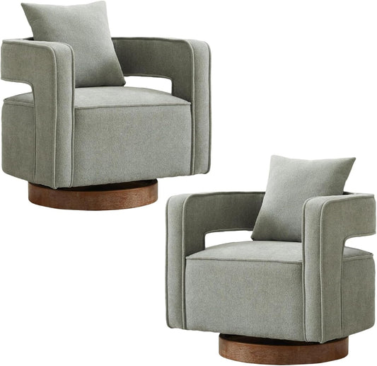 Swivel Accent Chair Set of 2, Modern Swivel Barrel Chair for Living Room, 360 Degree Comfy Square Accent Chair with Open Back, Upholstered Armchair for Bedroom,Reading, Linen Blend, Pale Green