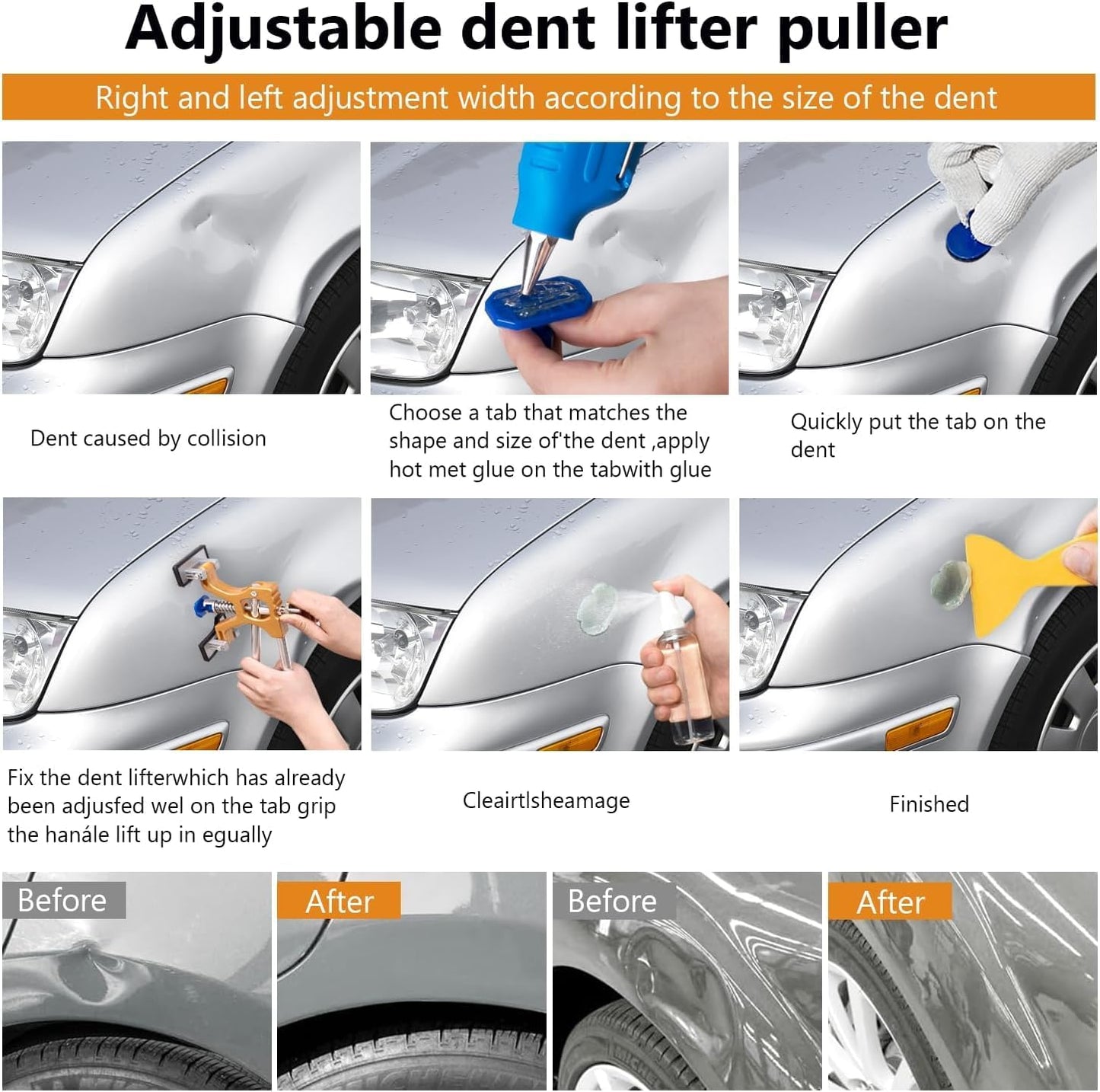 Car Dent Puller Kit, Painless Dent Removal Kit with Adjustable Dent Lifter, Hot Glue Gun, Dent Puller for Small Dents & Big Dents,Reusable Car Body Dent Repair Tool (Small & Big dent)
