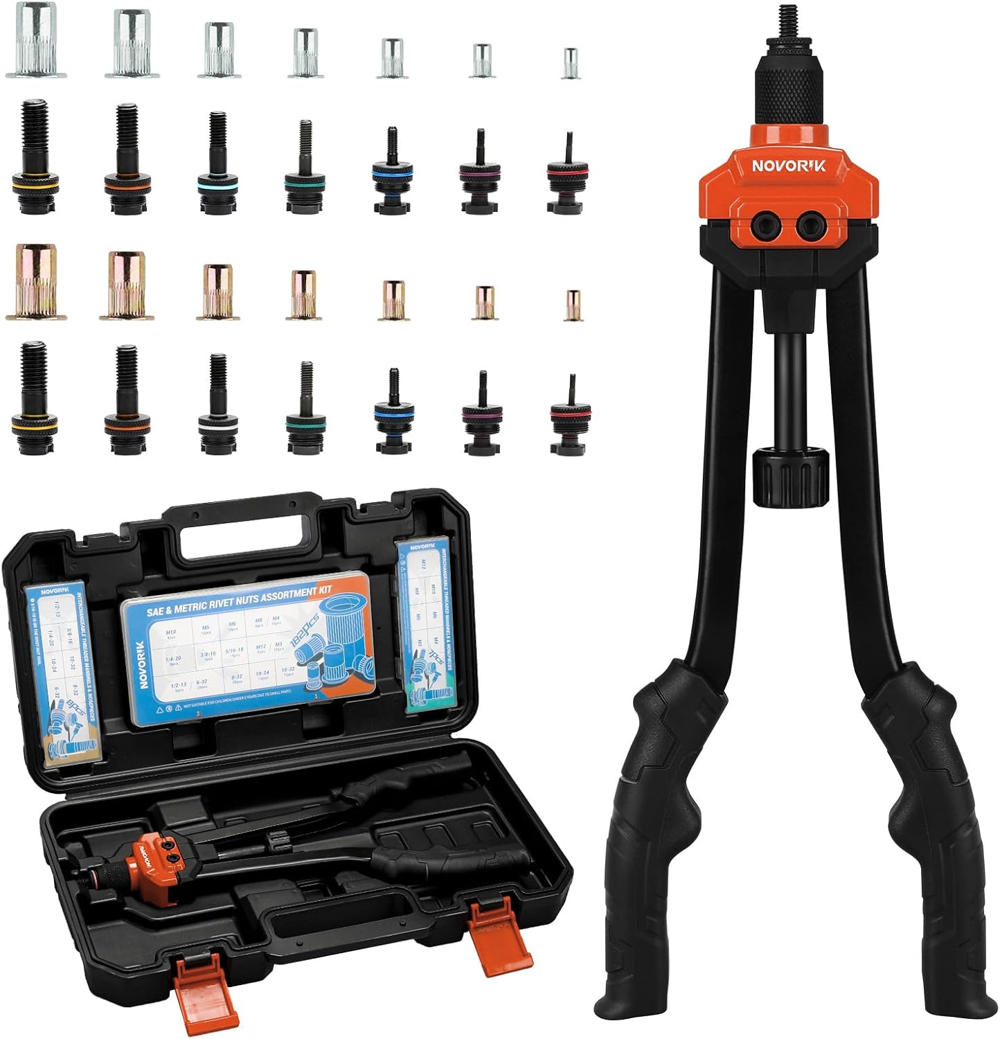 Rivet Nut Tool, 16” Rivet Nut Tool Kit with 15 Metric & SAE Mandrels, 182pcs Rivnuts and Rugged Carrying Case, One RIV Nut Tool Kit Meet All Your Needs