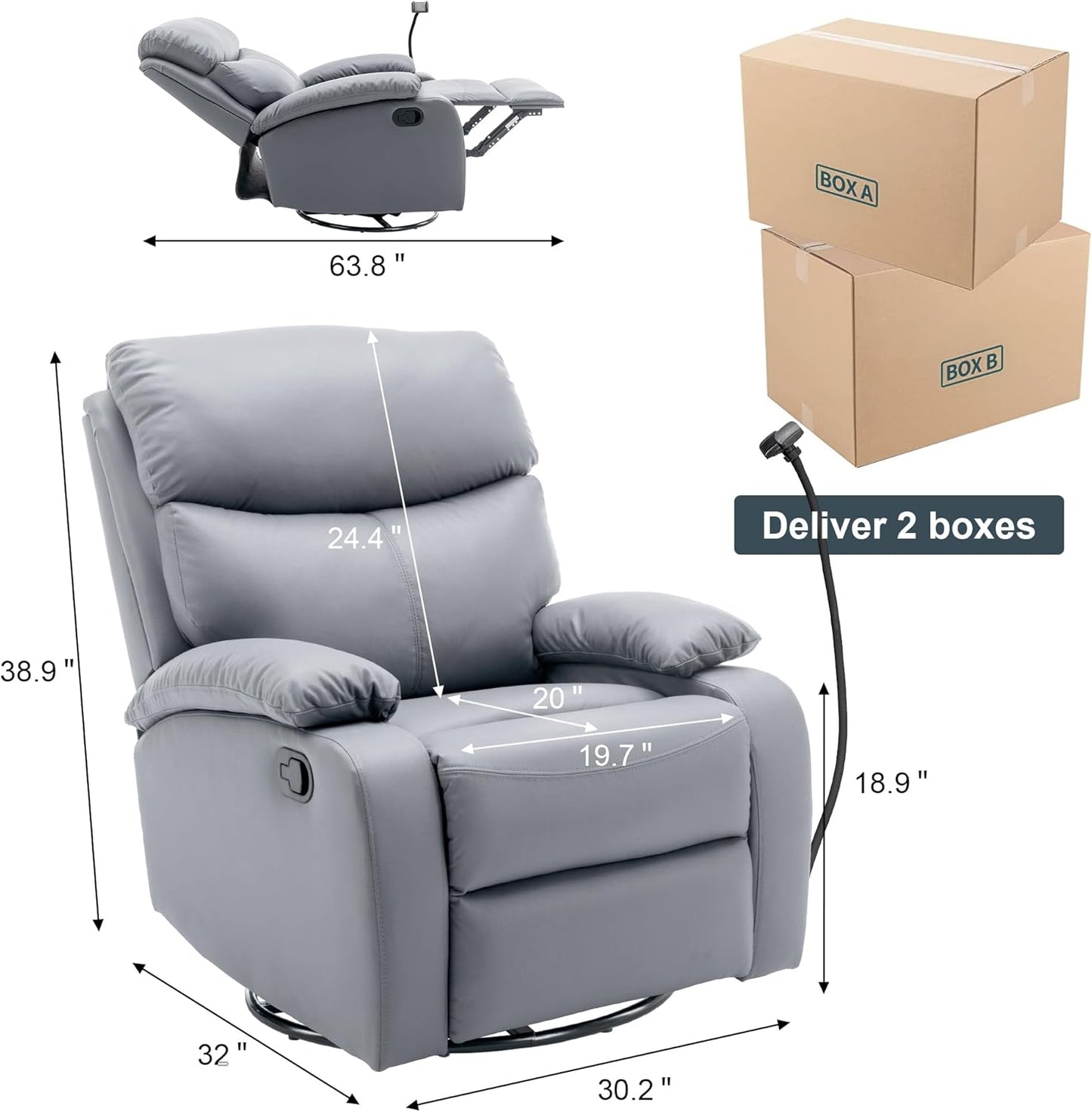 Swivel Rocker Recliner Chairs, Manual Rocking Recliner Chair for Adults, Small Recliners for Small Spaces, Single Sofa Recliner for Living Room, Nursery - Light Grey