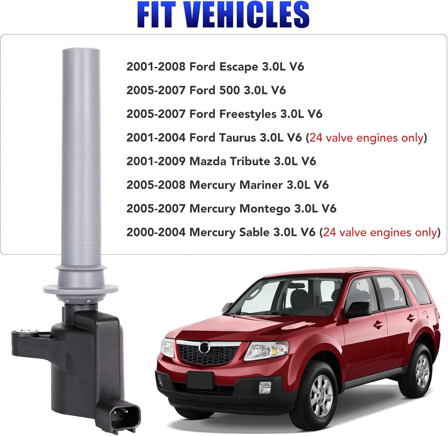 Set of 6 Ignition Coil Pack Spark Plugs for 3.0L 2001 2002 2003 2004 2005 2006 2007 2008 Ford Escape Freestyles Taurus 500 Five Hundred Mazda Tribute Mercury Mariner Montego Sable DG500