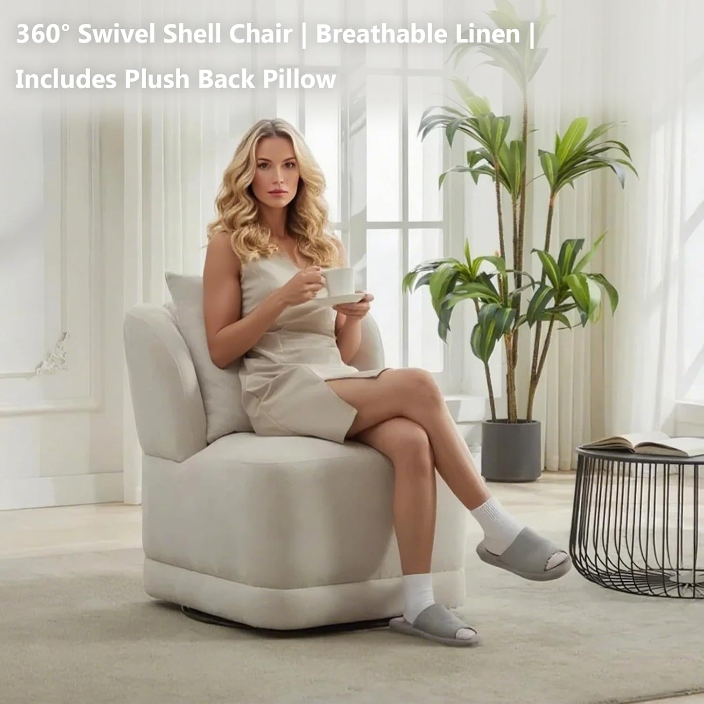 Swivel Accent Chair for Living Room,360° Rotating Barrel Chair with Square Back Pillow,Boucle Swivel Chair,Modern Linen Fabric Recliner for Adults,Cream White