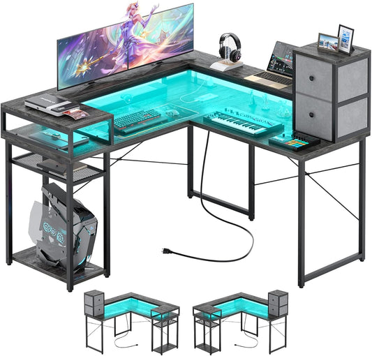 armocity L Shaped Desk with Drawers, Reversible Corner Computer Desk with LED Light & Power Outlet, 55.2'' L-Shaped Gaming Desk with Long Monitor Shelf, Home Office Desk for Small Corner Space, Grey