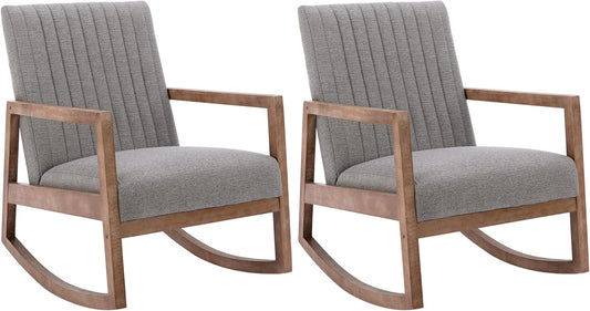 VESCASA Upholstered Linen Rocking Chairs with Channel-Tufted Back, Mid-Century Modern Comfy Rockers with Light Walnut Wood Frame for Nursery Living Room Bedroom Reading, Set of 2, Grey