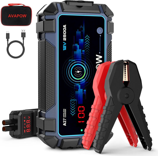 AVAPOW Jump Starter Car Battery 2500A Peak,Portable Jump Starters for Up to 8L Gas 8L Diesel Engine with Booster Function,Wireless Charging Design,12V Lithium Jump Pack with Smart Safety Clamp, IP65