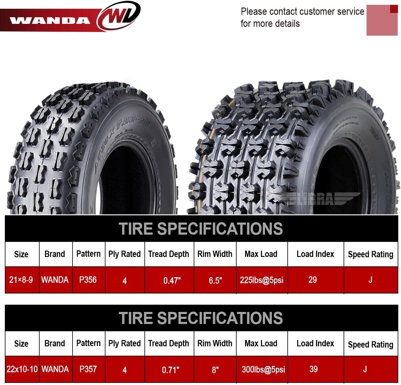 WANDA Set of 4 Sport ATV Tires 21x8-9 Front & 22x10-10 Rear /4PR GNCC Race Tires