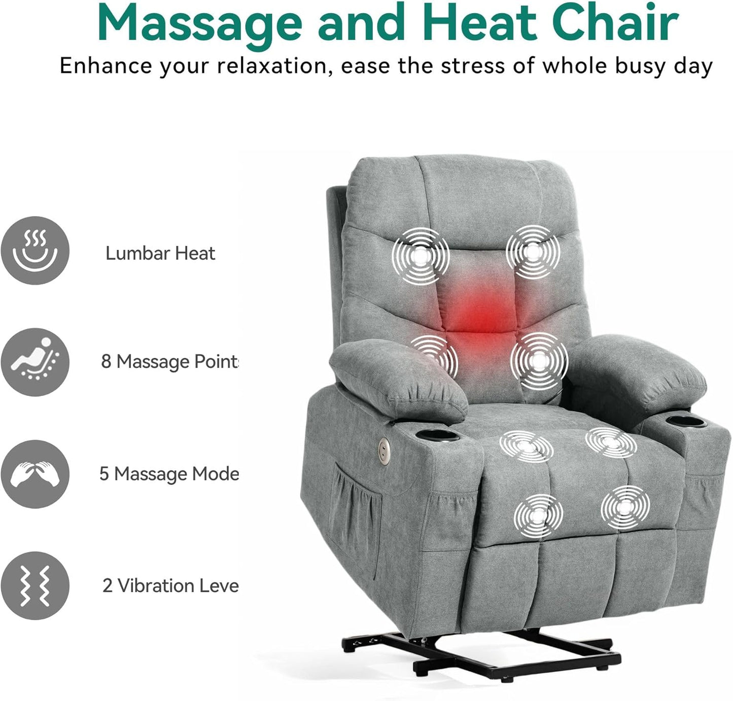 YITAHOME Power Lift Recliner with Massage and Heat, Fabric Recliner Chair with USB Ports and Side Pockets, Remote Control and Two Cup Holders, Suitable for Living Room, Grey3