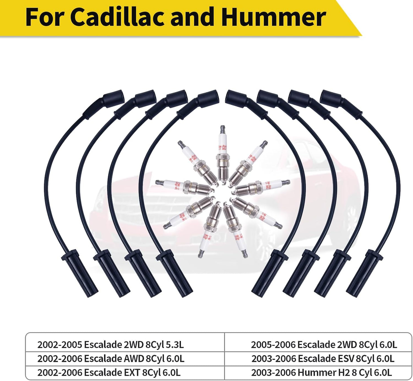 Upgraded 41-962 Spark Plugs Wires Set for 1999-2012 Chevy Silverado Tahoe Suburban, Yukon Sierra, Escalade Spark Plugs and Wires Tune up Kit; Motor 4.8 5.3 6.0 - Pack of 16