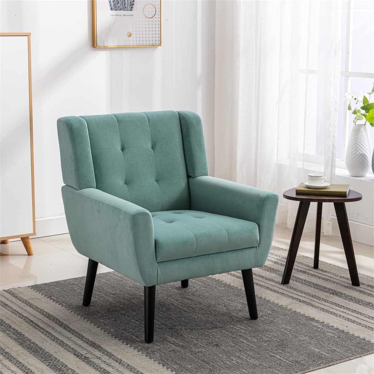 Velvet Accent Armchair,Upholstered Fabric Living Room Chair Ergonomics Chair Home Chair with Solid Black Legs,Tufted Back Decorative Chair Reading Chair for Indoor Home Living Room,Pink