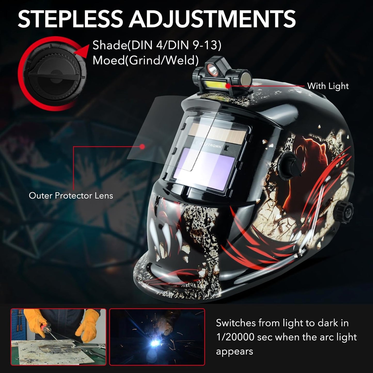Welding Helmet Auto Darkening Welding Hood with Light True Color 1/1/1/2 Top Optical Clarity Wide Shade 9-13 Welder Helmet Welding Mask with Grinding (KTS-HD105)