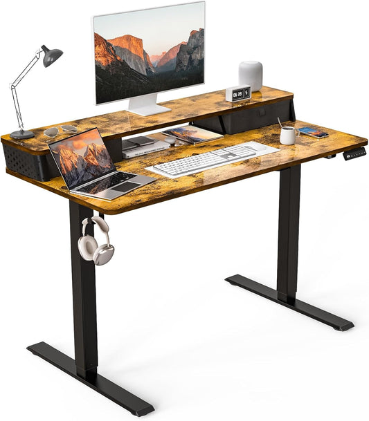48"x 24" Standing Desk with Drawers, Easy Assembly Design, Adjustable Height Sit Stand Up Desk, Home Office Table with C-Clamp Mount Compatible, 3 Preset Heights & 2 Hooks(Rustic Brown)