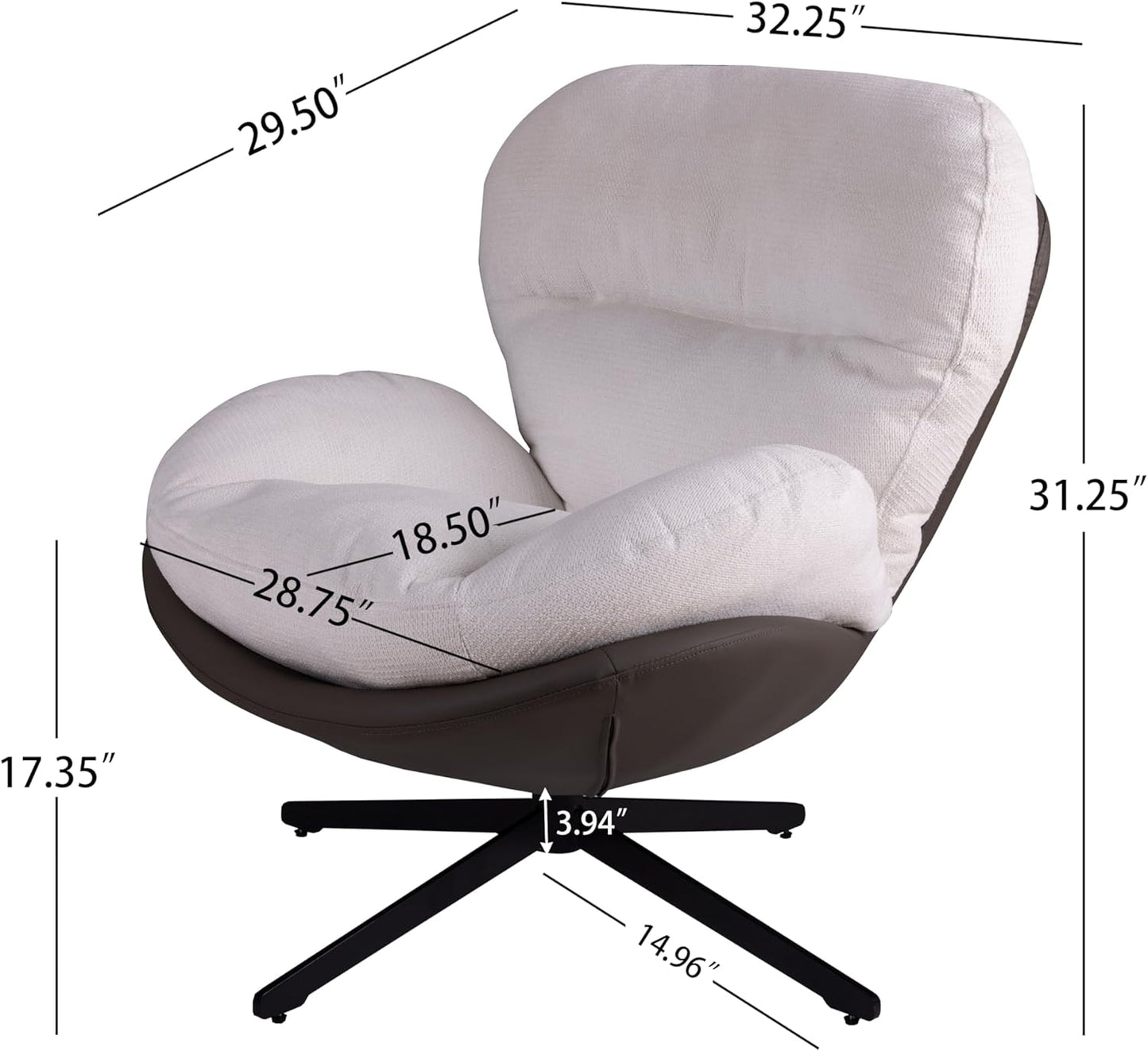 Christopher Knight Home 360° Swivel Accent Chair, Modern Chenille Lounge Chair with Faux Leather and Black Metal Base Frame, Reading Chair for Small Spaces, Living Room, Bedroom, Office, White