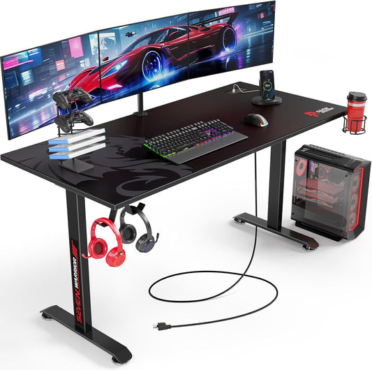 SEVEN WARRIOR Gaming Desk 55’’, T-Shaped Carbon Fiber Surface Computer Desk with Full Mouse Pad, Gamer Desk with Headphone Hook, USB Rack, Cup Holder