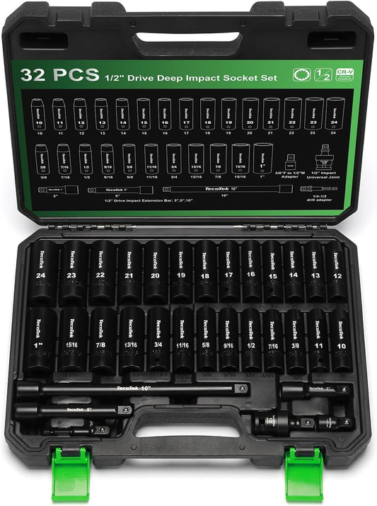 1/2" Drive Deep 12-Point Impact Socket Set, 32-Piece Socket Set, SAE 3/8-1-Inch and Metric 10-24mm Size, Includes Extension Bars, Universal Joint and Adapter, CR-V Steel