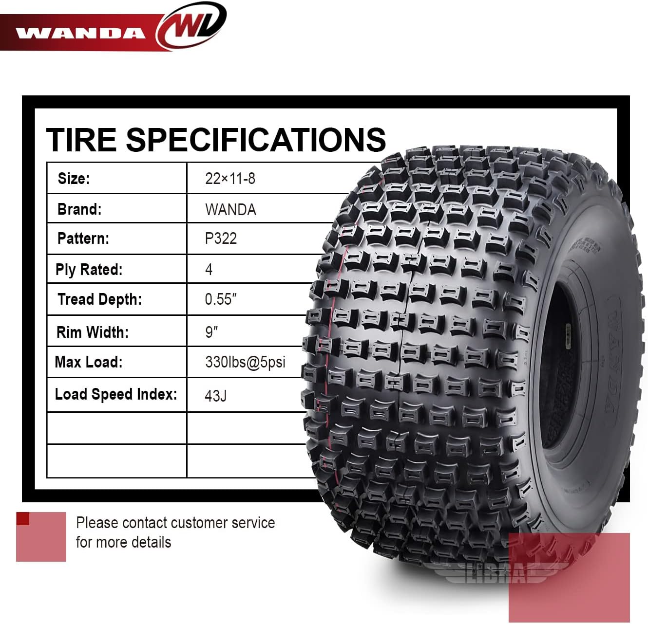 WANDA 3 New 3 Wheeler ATV Tires 22X11-8 4PR P322 Dimple Knobby - 10026