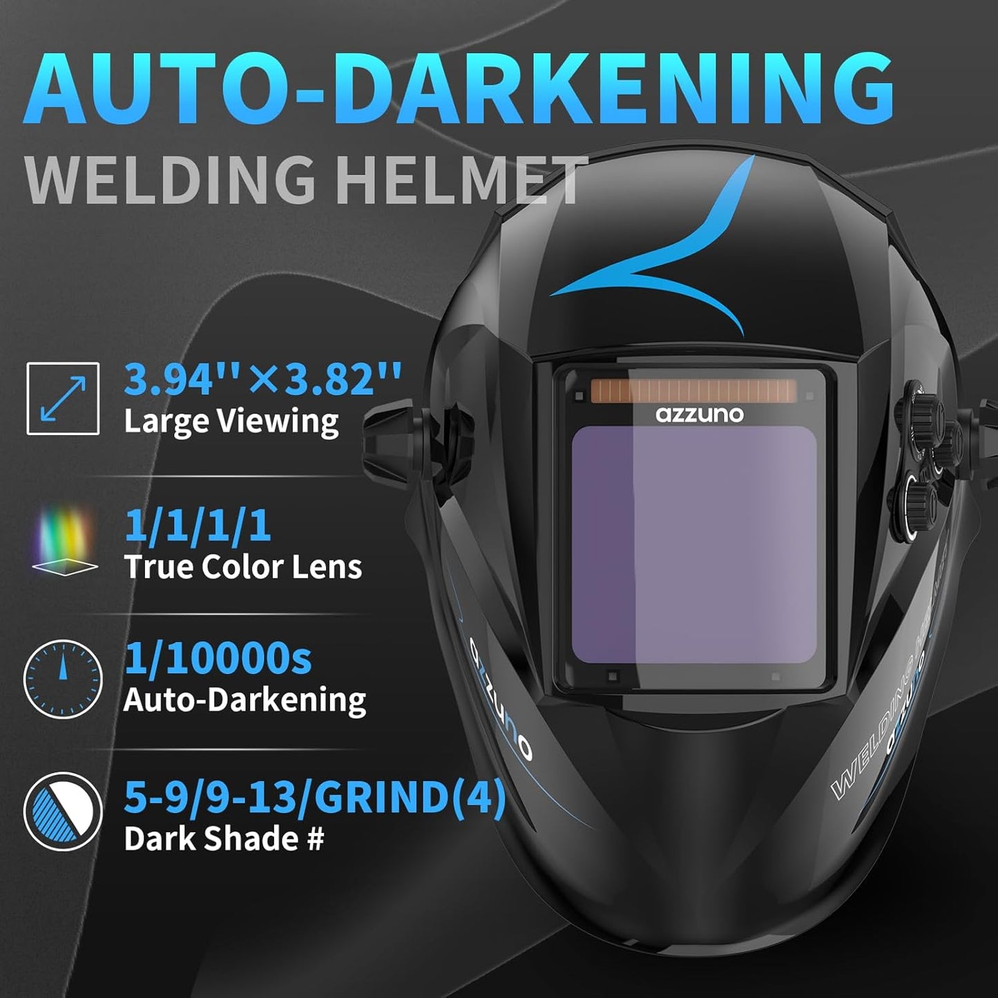 AZZUNO Welding Helmet Auto Darkening, True Color Large Viewing 3.94"×3.82", Solar Powered Welding Hood Mask with Wide Shade 4/5-9/9-13 for TIG/MIG/Stick Weld/Cut/Grind